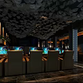 Modern Internet Cafe Interior With Colorful Pendant Lights Tables Computers And Decor