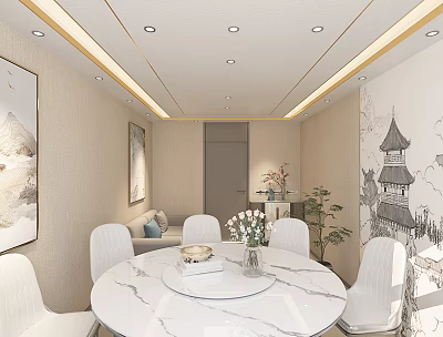 Chinese Style Private Room With Marble Table And Decorations 3d model