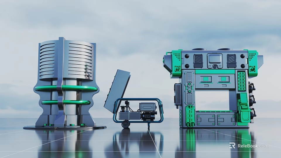 Futuristic Mechanical Structures With Tower Mobile Machine And Panel Units 3d model 