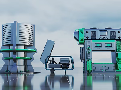 Futuristic Mechanical Structures With Tower Mobile Machine And Panel Units 3d model