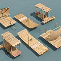 Bamboo Wooden Boats In Various Styles With Pavilion Roofs And Sails Floating On Water