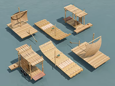 Bamboo Wooden Boats In Various Styles With Pavilion Roofs And Sails Floating On Water 3d model