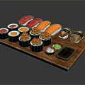 Assorted Fresh Sushi Platter With Various Fish Rolls And Soy Sauce On Wooden Tray