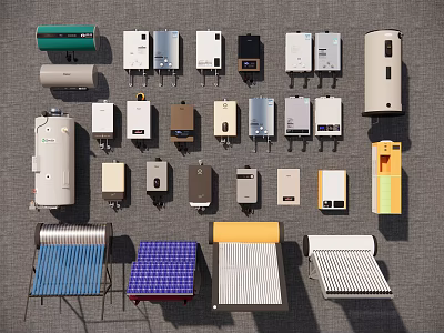 Collection of Various Household Appliances Featuring Water Heaters Electric Meters Solar Panels and Radiators 3d model