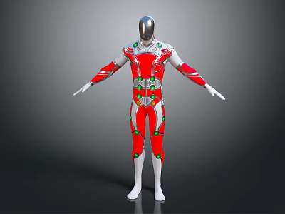 Humanoid Character In Red And White Suit With Green Accents And Biomechanical Design 3d model