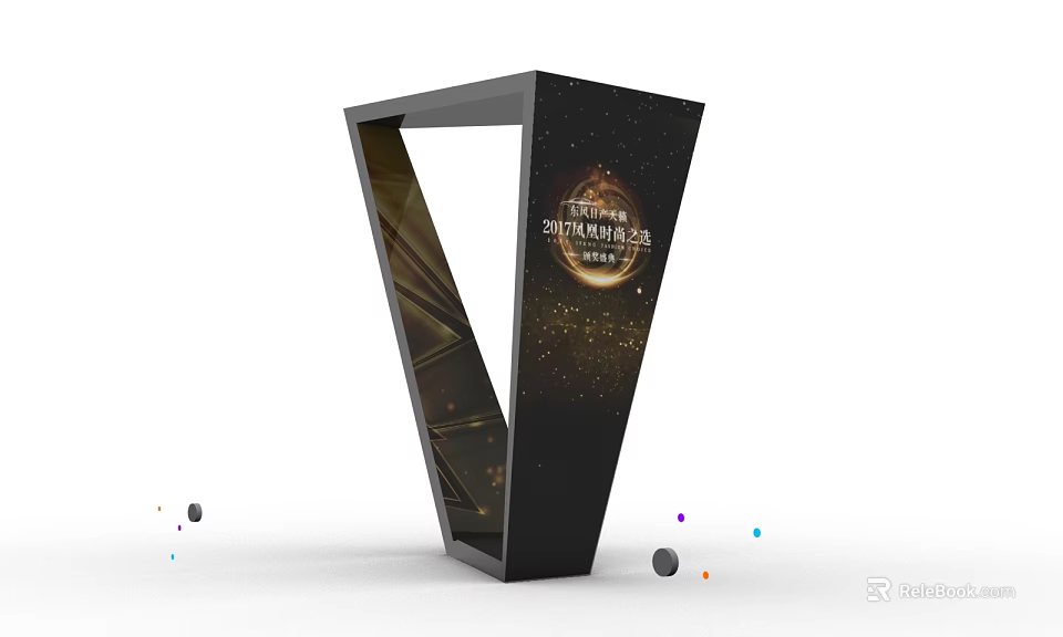 Black Modern Geometric Display Structure Featuring Golden Details and Colorful Dots on White Background 3d model 