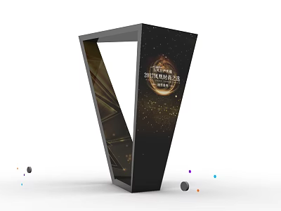 Black Modern Geometric Display Structure Featuring Golden Details and Colorful Dots on White Background 3d model