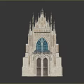 Gothic Style Stone Building With Spires Stained Glass Windows And Arched Doorways