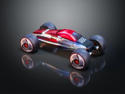 Red And Silver Futuristic Racing Car Streamlined Body With Large Red Rimmed Wheels Reflective Surface 3d model
