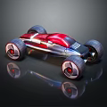 Red And Silver Futuristic Racing Car Streamlined Body With Large Red Rimmed Wheels Reflective Surface