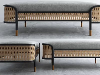 Modern Sofa Bench With Gray Cushion Rattan Weave Black Frame And Wooden Legs 3d model