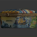 Colorful Decorative Box With Painted Wave Patterns Ship Design And Gold Trim