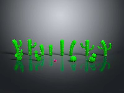 Green Cacti Models In Various Shapes And Sizes On Gray Background With Reflections 3d model