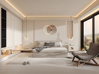 Modern Bedroom Interior Design With White Bed Circular Wall Art Hanging Lights And Armchair 3d model