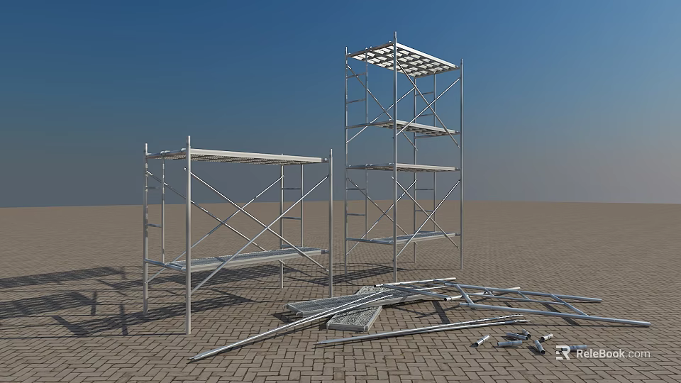 Scaffolding Structure With Metal Frames Platforms Scattered Poles And Construction Materials 3d model 