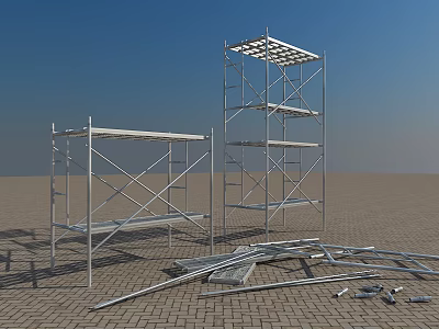 Scaffolding Structure With Metal Frames Platforms Scattered Poles And Construction Materials 3d model