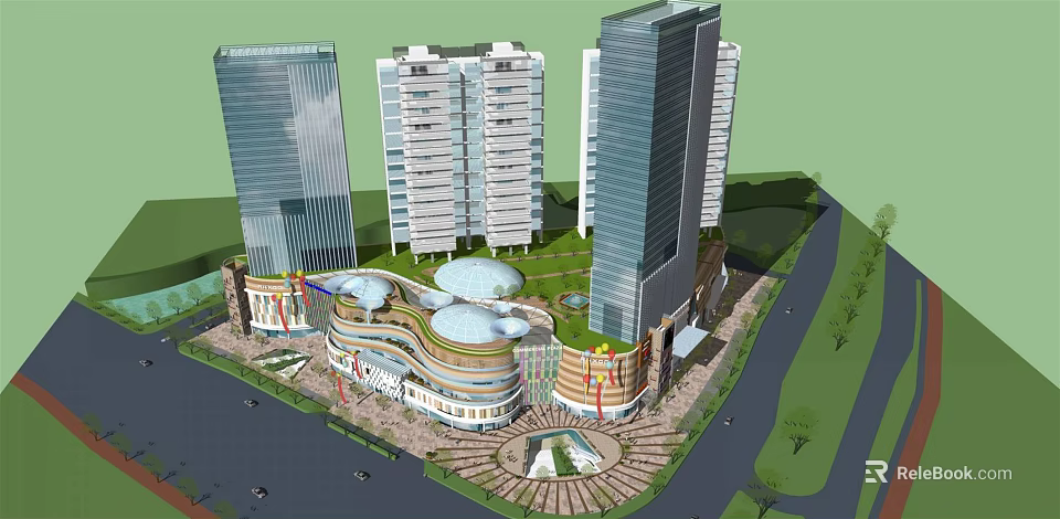 Modern High Rise Office Buildings With Commercial Center And Green Plaza 3d model 