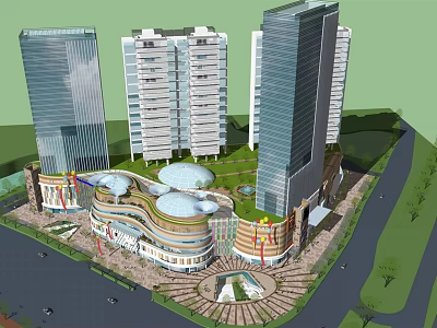 Modern High Rise Office Buildings With Commercial Center And Green Plaza 3d model