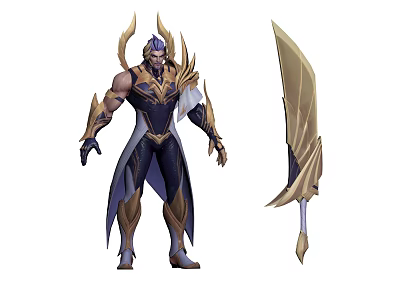 Legendary Character with Winged Features in Golden Blue Armor and Ornate Golden Sword 3d model