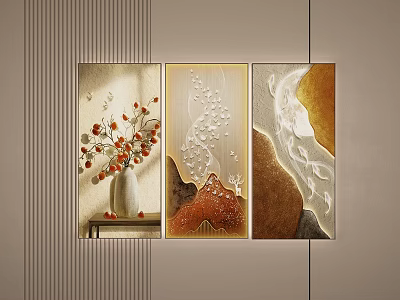 Three Panel Decorative Wall Art With Vase Red Flowers And Abstract Patterns 3d model