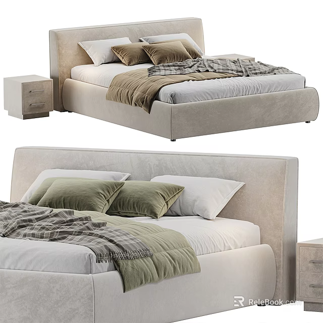 Upholstered Double Bed With Soft Pillows Cozy Blanket And Matching Nightstand 3d model 