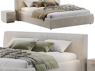 Upholstered Double Bed With Soft Pillows Cozy Blanket And Matching Nightstand 3d model