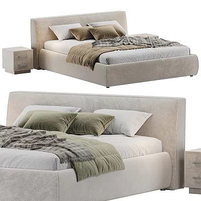 Upholstered Double Bed With Soft Pillows Cozy Blanket And Matching Nightstand 3d model