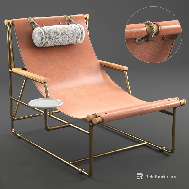 Brown Leather Lounge Chair With Gold Frame Wooden Armrests Gray Cushion And Small Round Tray 3d model 