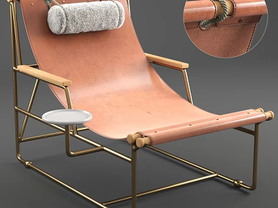 Brown Leather Lounge Chair With Gold Frame Wooden Armrests Gray Cushion And Small Round Tray 3d model