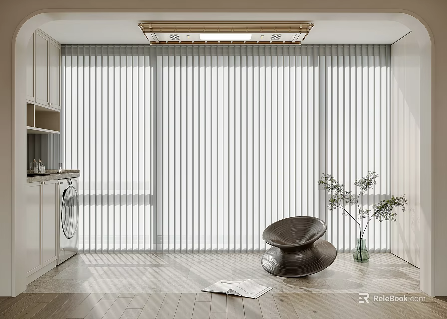 Modern Home Balcony With White Vertical Blinds Washing Machine Black Circular Chair And Wooden Floor 3d model 