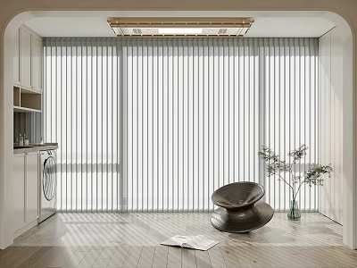 Modern Home Balcony With White Vertical Blinds Washing Machine Black Circular Chair And Wooden Floor 3d model