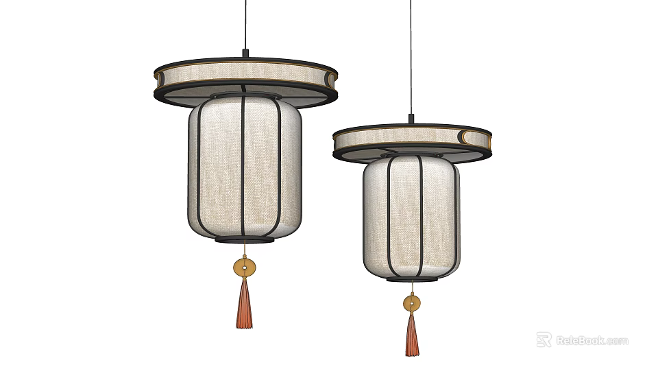 Two Chinese Style Chandeliers With Circular Frame Fabric Lampshade And Tassel Decoration 3d model 