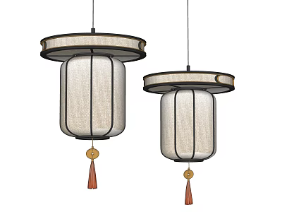 Two Chinese Style Chandeliers With Circular Frame Fabric Lampshade And Tassel Decoration 3d model