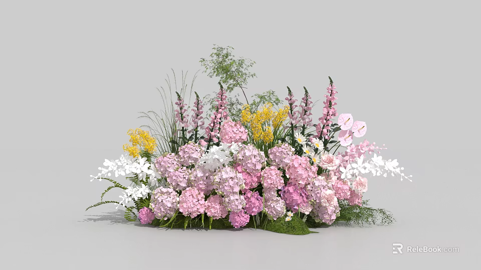 Floral Display with Pink Hydrangeas White Orchids Yellow Flowers and Greenery 3d model 