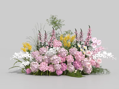Floral Display with Pink Hydrangeas White Orchids Yellow Flowers and Greenery 3d model