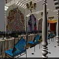 Ornate Restaurant Interior With Colorful Patterned Walls Chandeliers White Columns And Blue Chairs