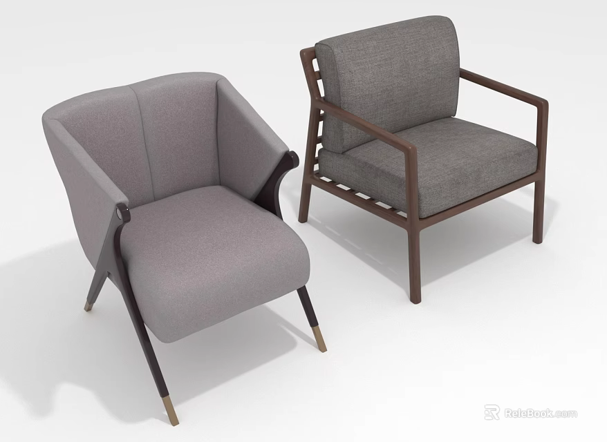 Modern Gray Fabric Chairs with Wooden Frame and Metal Legs Design 3d model 