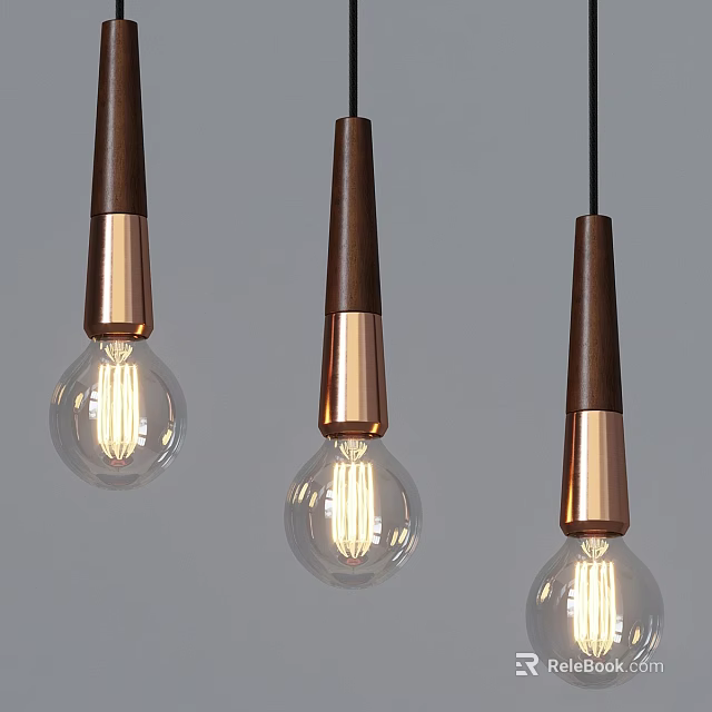 Modern Pendant Lights With Brown Wooden Copper Accents And Transparent Lit Bulbs 3d model 