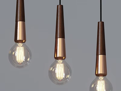 Modern Pendant Lights With Brown Wooden Copper Accents And Transparent Lit Bulbs 3d model