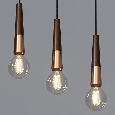 Modern Pendant Lights With Brown Wooden Copper Accents And Transparent Lit Bulbs 3d model