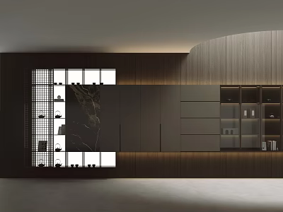 Modern Wooden Display Cabinet with Glass Doors and Built-in Lighting Displaying Decorative Items 3d model