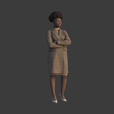 Woman in Plaid Coat and Skirt Standing with Arms Crossed on Gray Background 3d model