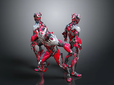 Three Red And Silver Armored Characters In Battle Stance With Grey Background 3d model