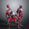 Three Red And Silver Armored Characters In Battle Stance With Grey Background