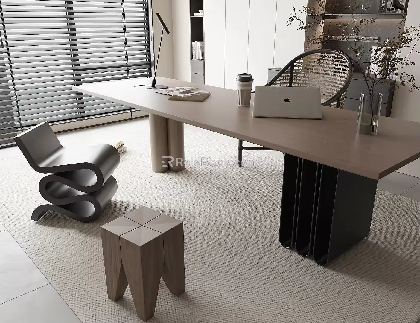 Middle Style Desk and Chair Desk Single Chair Stool 3d model