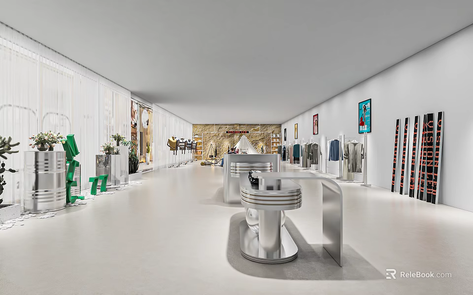 Modern Fashion Retail Store Interior With Silver Podiums And Display Racks 3d model 