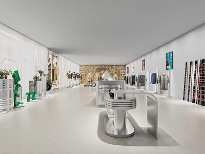 Modern Fashion Retail Store Interior With Silver Podiums And Display Racks 3d model