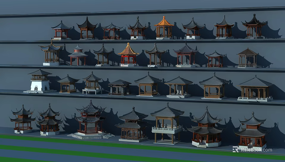 Layered Display Of Traditional Chinese Pavilion Models On Shelves With Classic Design 3d model 
