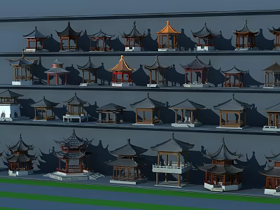 Layered Display Of Traditional Chinese Pavilion Models On Shelves With Classic Design 3d model