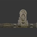 Ornate Stone Fountain With Arch Design Carvings And Surrounding Stone Basins And Bench